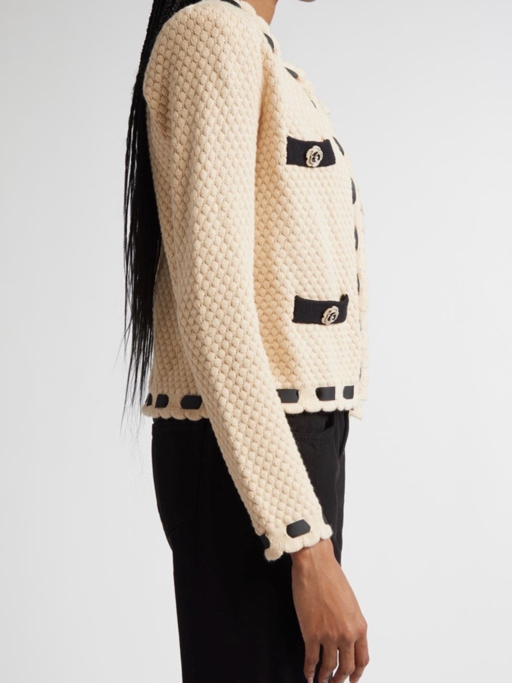 L'AGENCE Astor Contrast Trim Cardigan in Biscuit/Black - Picture 3 of 15